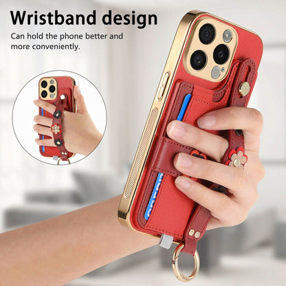 For iPhone 13 Stereoscopic Flowers Wristband Card Bag Phone Case(Red) - iPhone 13 Cases by buy2fix | Online Shopping UK | buy2fix