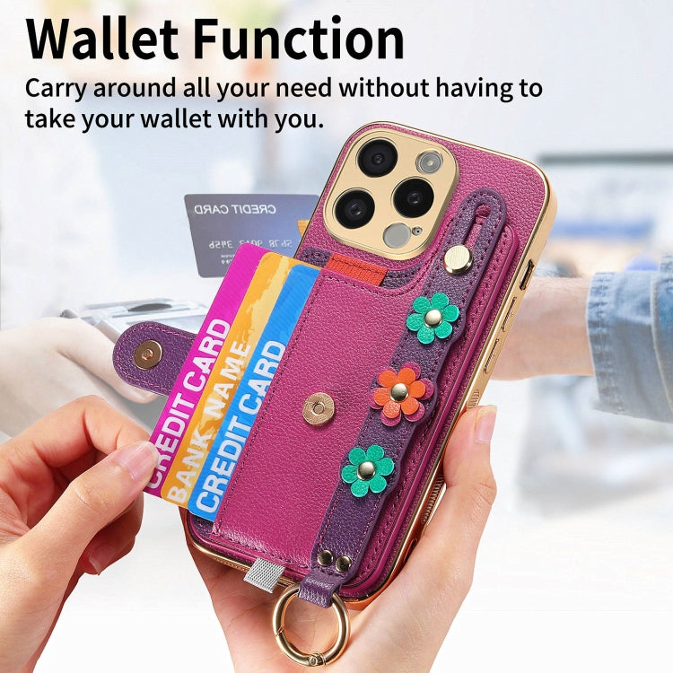 For iPhone 13 Pro Stereoscopic Flowers Wristband Card Bag Phone Case(Purple) - iPhone 13 Pro Cases by buy2fix | Online Shopping UK | buy2fix