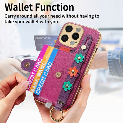 For iPhone 13 Pro Stereoscopic Flowers Wristband Card Bag Phone Case(Purple) - iPhone 13 Pro Cases by buy2fix | Online Shopping UK | buy2fix