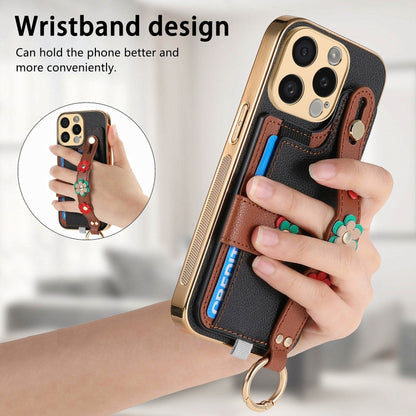 For iPhone 13 Pro Stereoscopic Flowers Wristband Card Bag Phone Case(Black) - iPhone 13 Pro Cases by buy2fix | Online Shopping UK | buy2fix