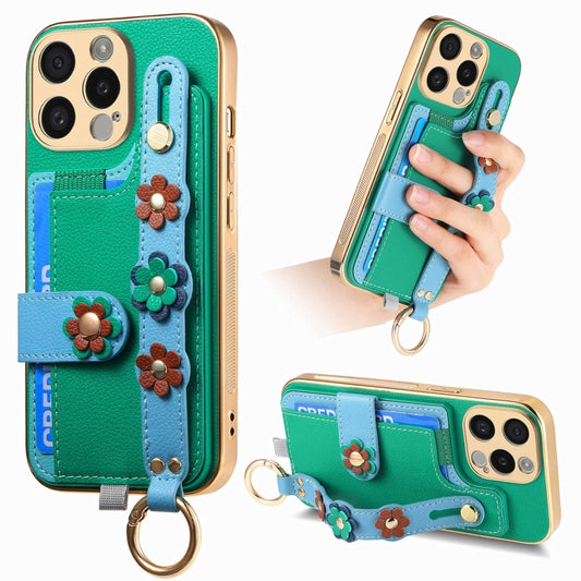 For iPhone 13 Pro Stereoscopic Flowers Wristband Card Bag Phone Case(Green) - iPhone 13 Pro Cases by buy2fix | Online Shopping UK | buy2fix