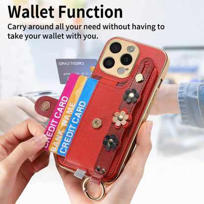 For iPhone 13 Pro Stereoscopic Flowers Wristband Card Bag Phone Case(Red) - iPhone 13 Pro Cases by buy2fix | Online Shopping UK | buy2fix