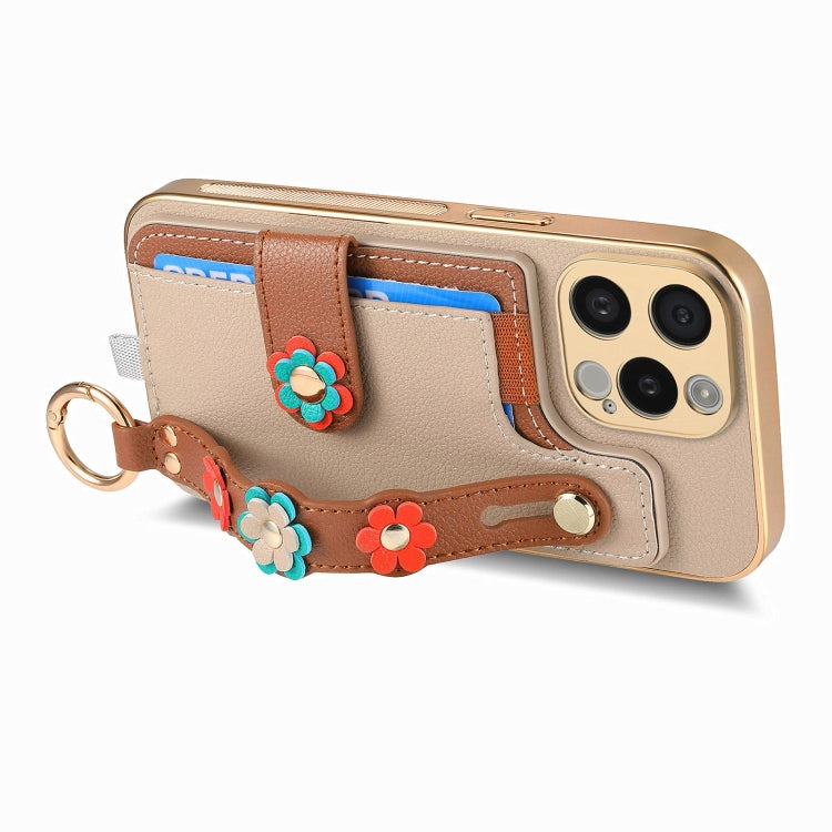 For iPhone 13 Pro Max Stereoscopic Flowers Wristband Card Bag Phone Case(Khaki) - iPhone 13 Pro Max Cases by buy2fix | Online Shopping UK | buy2fix