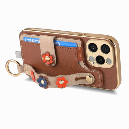 For iPhone 13 Pro Max Stereoscopic Flowers Wristband Card Bag Phone Case(Brown) - iPhone 13 Pro Max Cases by buy2fix | Online Shopping UK | buy2fix