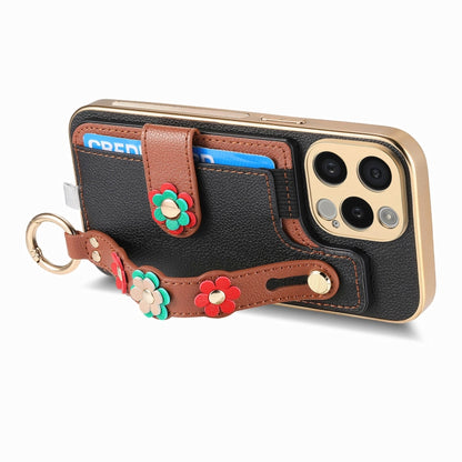 For iPhone 12 Pro Stereoscopic Flowers Wristband Card Bag Phone Case(Black) - iPhone 12 / 12 Pro Cases by buy2fix | Online Shopping UK | buy2fix