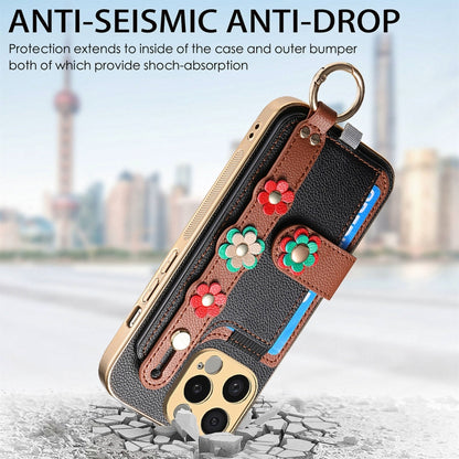 For iPhone 12 Pro Stereoscopic Flowers Wristband Card Bag Phone Case(Black) - iPhone 12 / 12 Pro Cases by buy2fix | Online Shopping UK | buy2fix