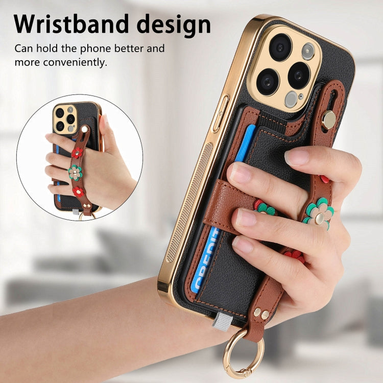 For iPhone 12 Pro Stereoscopic Flowers Wristband Card Bag Phone Case(Black) - iPhone 12 / 12 Pro Cases by buy2fix | Online Shopping UK | buy2fix