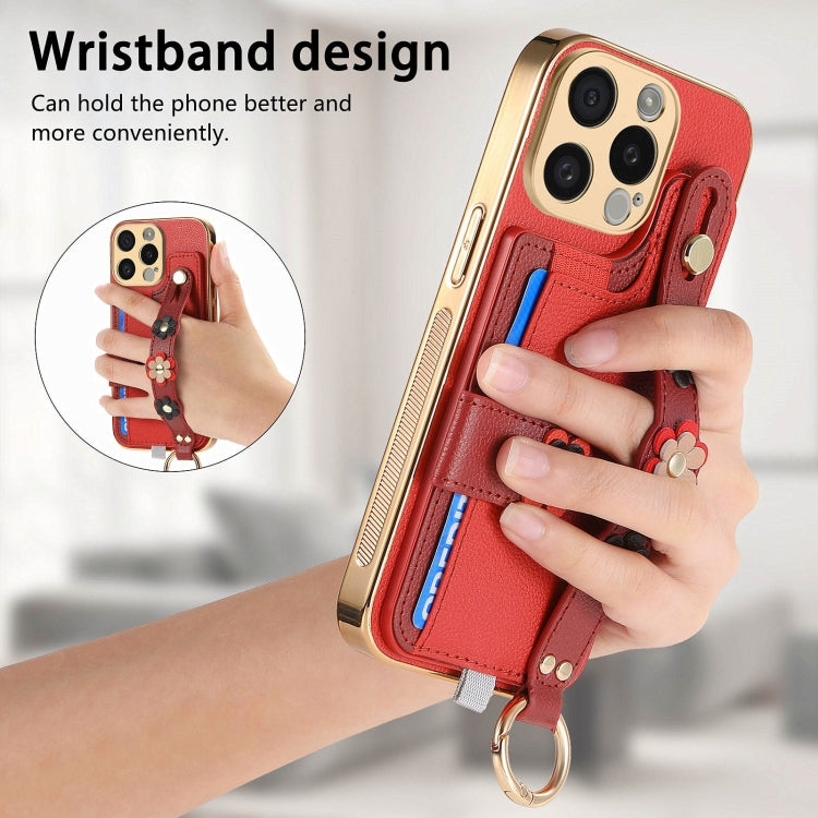 For iPhone 12 Pro Stereoscopic Flowers Wristband Card Bag Phone Case(Red) - iPhone 12 / 12 Pro Cases by buy2fix | Online Shopping UK | buy2fix