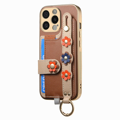 For iPhone 12 Pro Max Stereoscopic Flowers Wristband Card Bag Phone Case(Brown) - iPhone 12 Pro Max Cases by buy2fix | Online Shopping UK | buy2fix