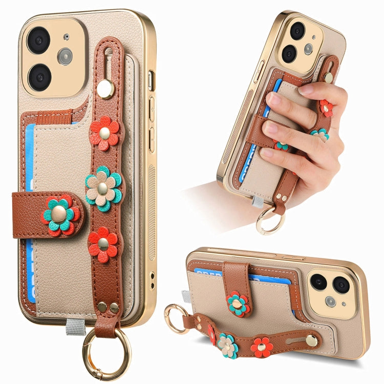 For iPhone 11 Stereoscopic Flowers Wristband Card Bag Phone Case(Khaki) - iPhone 11 Cases by buy2fix | Online Shopping UK | buy2fix