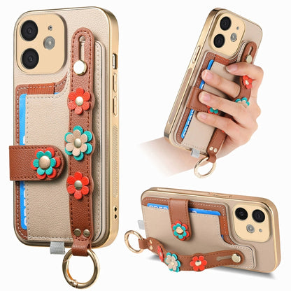 For iPhone 11 Stereoscopic Flowers Wristband Card Bag Phone Case(Khaki) - iPhone 11 Cases by buy2fix | Online Shopping UK | buy2fix