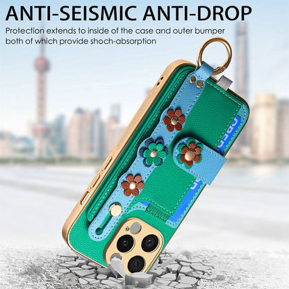 For iPhone 11 Stereoscopic Flowers Wristband Card Bag Phone Case(Green) - iPhone 11 Cases by buy2fix | Online Shopping UK | buy2fix