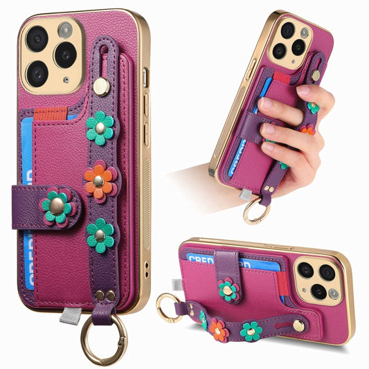 For iPhone 11 Pro Stereoscopic Flowers Wristband Card Bag Phone Case(Purple) - iPhone 11 Pro Cases by buy2fix | Online Shopping UK | buy2fix