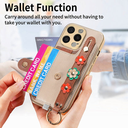 For iPhone 11 Pro Stereoscopic Flowers Wristband Card Bag Phone Case(Khaki) - iPhone 11 Pro Cases by buy2fix | Online Shopping UK | buy2fix