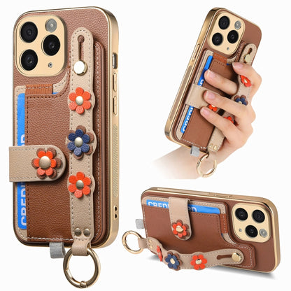 For iPhone 11 Pro Stereoscopic Flowers Wristband Card Bag Phone Case(Brown) - iPhone 11 Pro Cases by buy2fix | Online Shopping UK | buy2fix