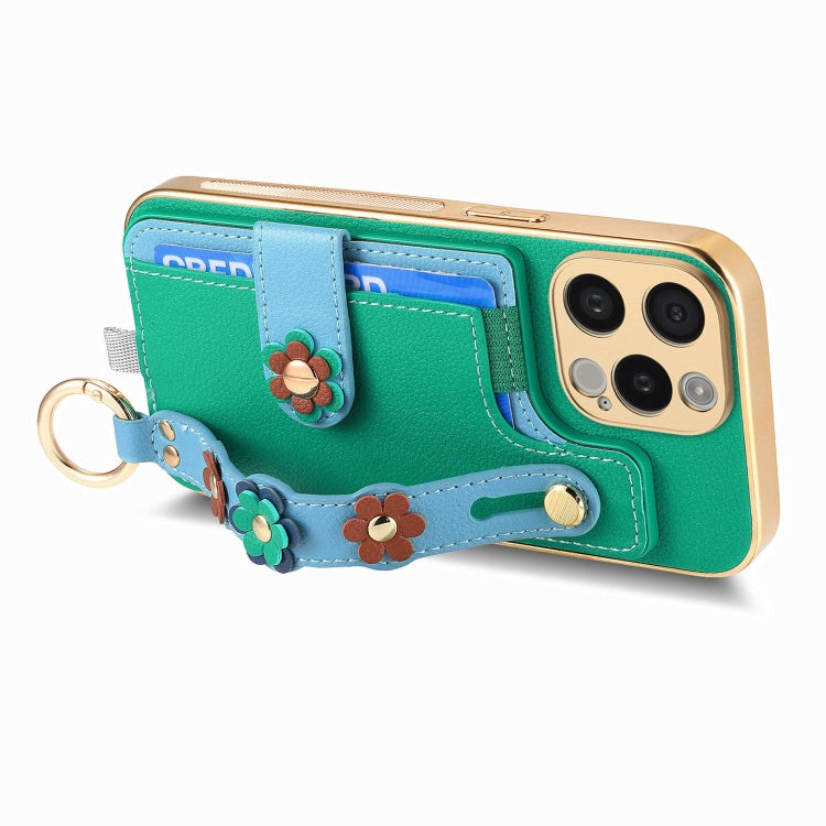 For iPhone 11 Pro Stereoscopic Flowers Wristband Card Bag Phone Case(Green) - iPhone 11 Pro Cases by buy2fix | Online Shopping UK | buy2fix