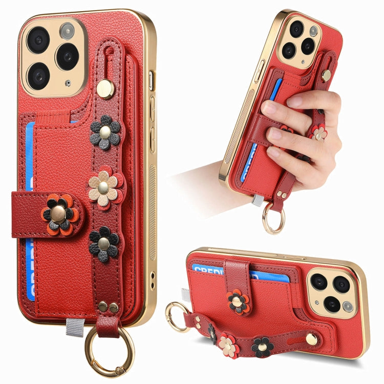 For iPhone 11 Pro Stereoscopic Flowers Wristband Card Bag Phone Case(Red) - iPhone 11 Pro Cases by buy2fix | Online Shopping UK | buy2fix