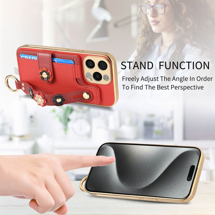 For iPhone 11 Pro Stereoscopic Flowers Wristband Card Bag Phone Case(Red) - iPhone 11 Pro Cases by buy2fix | Online Shopping UK | buy2fix