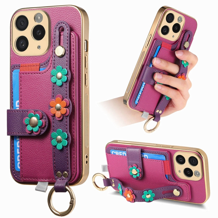 For iPhone 11 Pro Max Stereoscopic Flowers Wristband Card Bag Phone Case(Purple) - iPhone 11 Pro Max Cases by buy2fix | Online Shopping UK | buy2fix