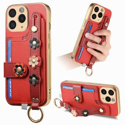 For iPhone 11 Pro Max Stereoscopic Flowers Wristband Card Bag Phone Case(Red) - iPhone 11 Pro Max Cases by buy2fix | Online Shopping UK | buy2fix