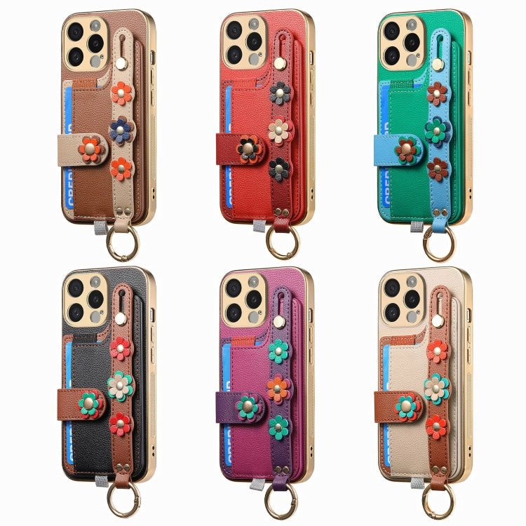 For iPhone 14 Plus Stereoscopic Flowers Wristband Card Bag Phone Case(Khaki) - iPhone 14 Plus Cases by buy2fix | Online Shopping UK | buy2fix