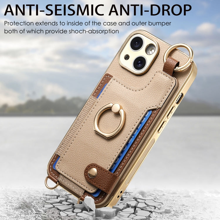 For iPhone 15 Pro Max Fashion Ring Card Bag Phone Case with Hang Loop(Khaki) - iPhone 15 Pro Max Cases by buy2fix | Online Shopping UK | buy2fix