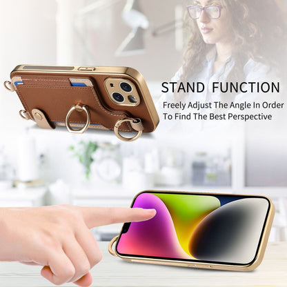 For iPhone 15 Pro Max Fashion Ring Card Bag Phone Case with Hang Loop(Brown) - iPhone 15 Pro Max Cases by buy2fix | Online Shopping UK | buy2fix