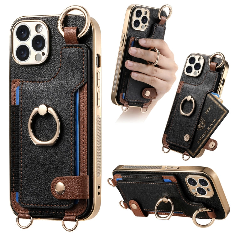 For iPhone 15 Pro Fashion Ring Card Bag Phone Case with Hang Loop(Black) - iPhone 15 Pro Cases by buy2fix | Online Shopping UK | buy2fix