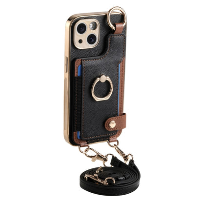 For iPhone 15 Pro Fashion Ring Card Bag Phone Case with Hang Loop(Black) - iPhone 15 Pro Cases by buy2fix | Online Shopping UK | buy2fix