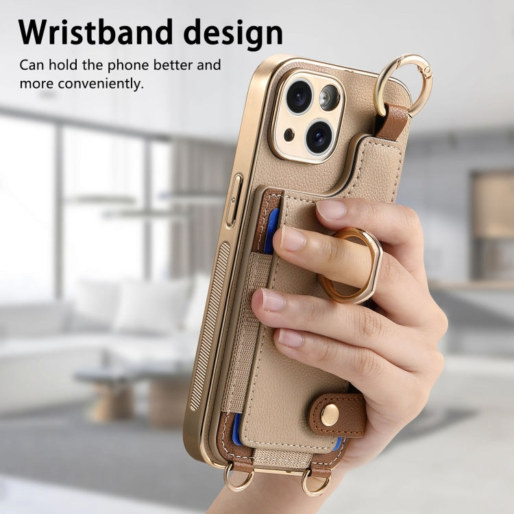 For iPhone 15 Pro Fashion Ring Card Bag Phone Case with Hang Loop(Khaki) - iPhone 15 Pro Cases by buy2fix | Online Shopping UK | buy2fix