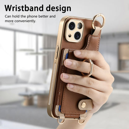 For iPhone 15 Pro Fashion Ring Card Bag Phone Case with Hang Loop(Brown) - iPhone 15 Pro Cases by buy2fix | Online Shopping UK | buy2fix