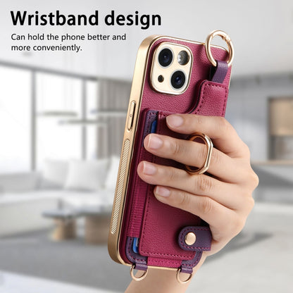 For iPhone 15 Plus Fashion Ring Card Bag Phone Case with Hang Loop(Purple) - iPhone 15 Plus Cases by buy2fix | Online Shopping UK | buy2fix
