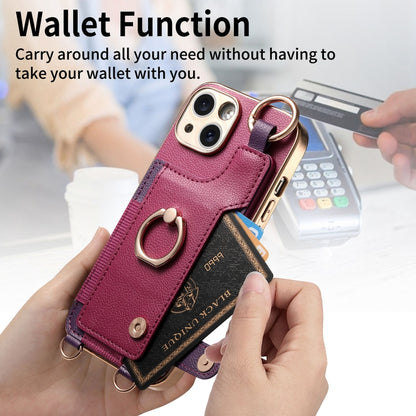 For iPhone 15 Plus Fashion Ring Card Bag Phone Case with Hang Loop(Purple) - iPhone 15 Plus Cases by buy2fix | Online Shopping UK | buy2fix