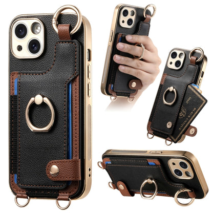 For iPhone 15 Plus Fashion Ring Card Bag Phone Case with Hang Loop(Black) - iPhone 15 Plus Cases by buy2fix | Online Shopping UK | buy2fix