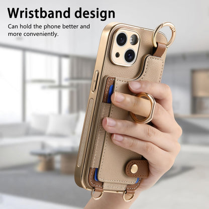 For iPhone 15 Plus Fashion Ring Card Bag Phone Case with Hang Loop(Khaki) - iPhone 15 Plus Cases by buy2fix | Online Shopping UK | buy2fix