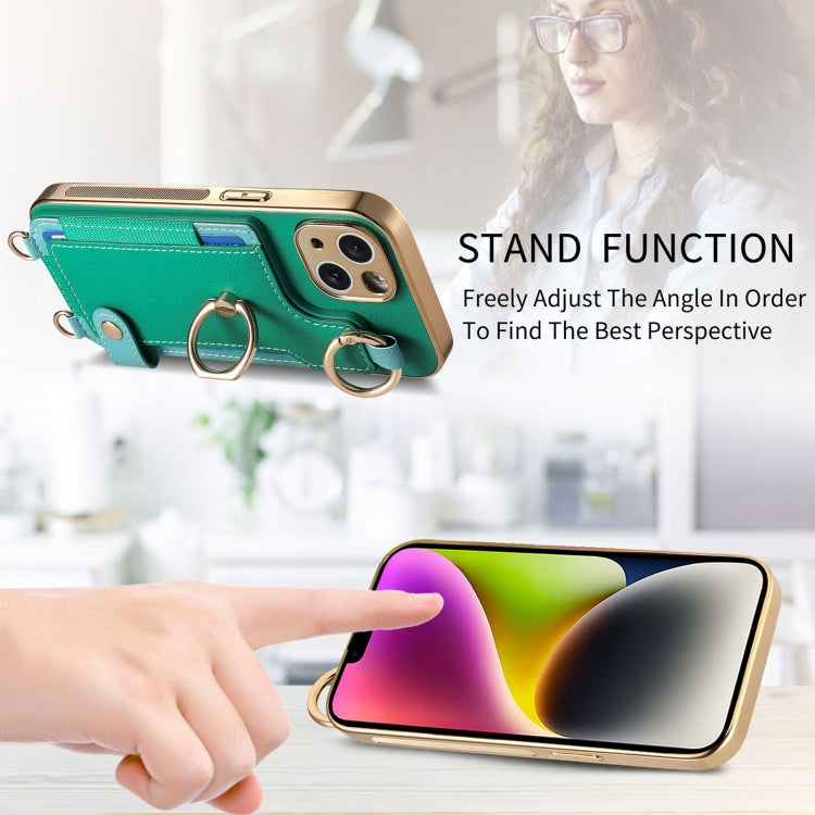 For iPhone 15 Plus Fashion Ring Card Bag Phone Case with Hang Loop(Green) - iPhone 15 Plus Cases by buy2fix | Online Shopping UK | buy2fix