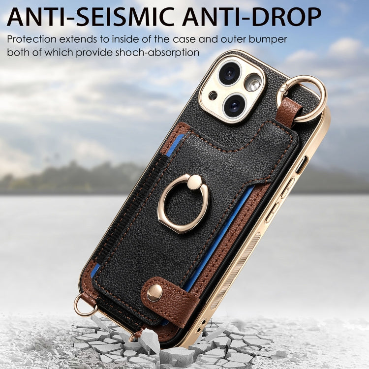 For iPhone 15 Fashion Ring Card Bag Phone Case with Hang Loop(Black) - iPhone 15 Cases by buy2fix | Online Shopping UK | buy2fix