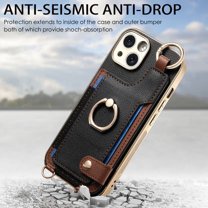 For iPhone 15 Fashion Ring Card Bag Phone Case with Hang Loop(Black) - iPhone 15 Cases by buy2fix | Online Shopping UK | buy2fix