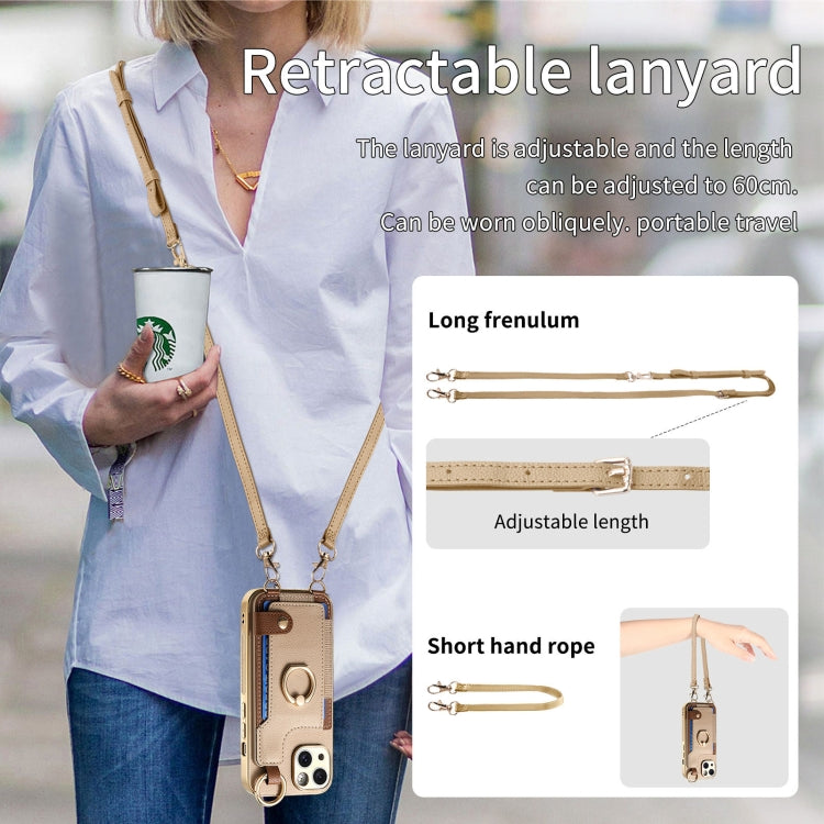 For iPhone 15 Fashion Ring Card Bag Phone Case with Hang Loop(Khaki) - iPhone 15 Cases by buy2fix | Online Shopping UK | buy2fix