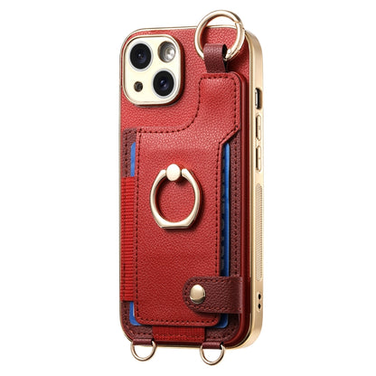 For iPhone 15 Fashion Ring Card Bag Phone Case with Hang Loop(Red) - iPhone 15 Cases by buy2fix | Online Shopping UK | buy2fix