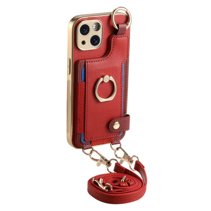 For iPhone 15 Fashion Ring Card Bag Phone Case with Hang Loop(Red) - iPhone 15 Cases by buy2fix | Online Shopping UK | buy2fix