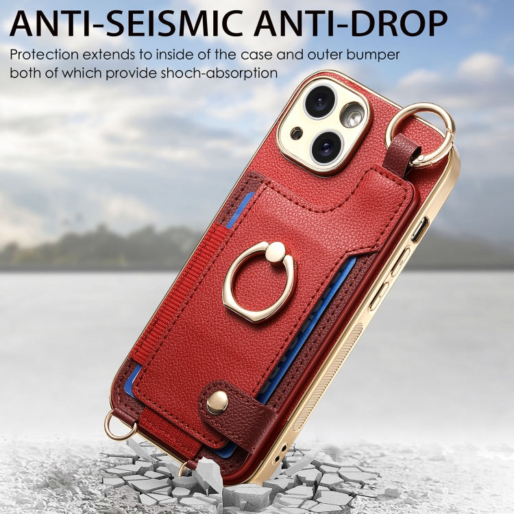 For iPhone 15 Fashion Ring Card Bag Phone Case with Hang Loop(Red) - iPhone 15 Cases by buy2fix | Online Shopping UK | buy2fix