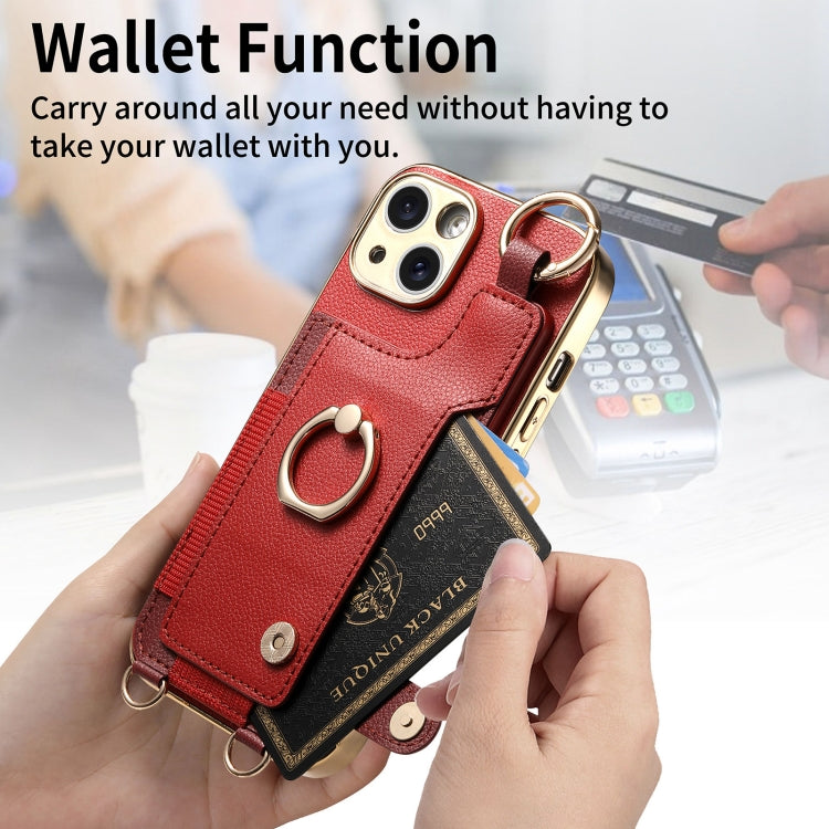 For iPhone 15 Fashion Ring Card Bag Phone Case with Hang Loop(Red) - iPhone 15 Cases by buy2fix | Online Shopping UK | buy2fix
