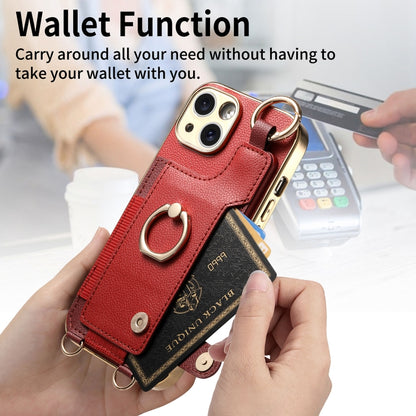 For iPhone 15 Fashion Ring Card Bag Phone Case with Hang Loop(Red) - iPhone 15 Cases by buy2fix | Online Shopping UK | buy2fix