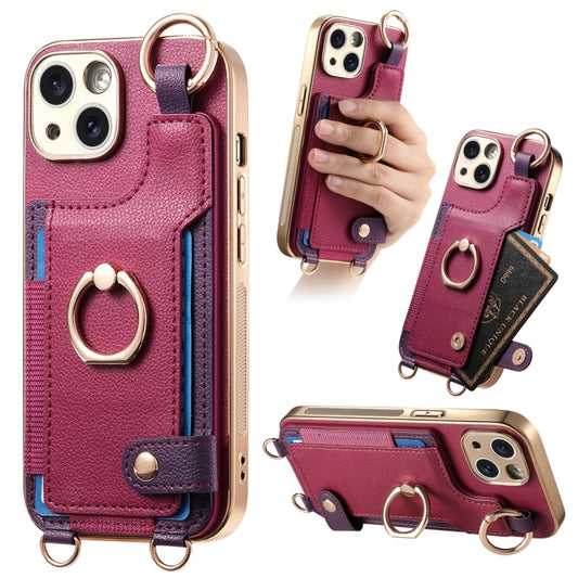 For iPhone 14 Plus Fashion Ring Card Bag Phone Case with Hang Loop(Purple) - iPhone 14 Plus Cases by buy2fix | Online Shopping UK | buy2fix