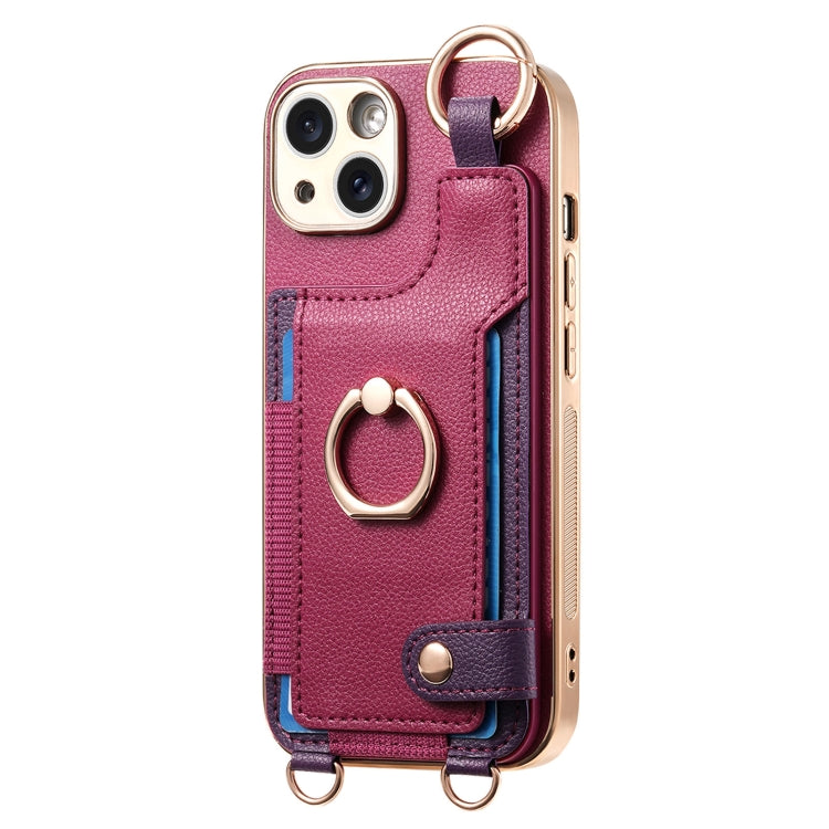 For iPhone 14 Plus Fashion Ring Card Bag Phone Case with Hang Loop(Purple) - iPhone 14 Plus Cases by buy2fix | Online Shopping UK | buy2fix