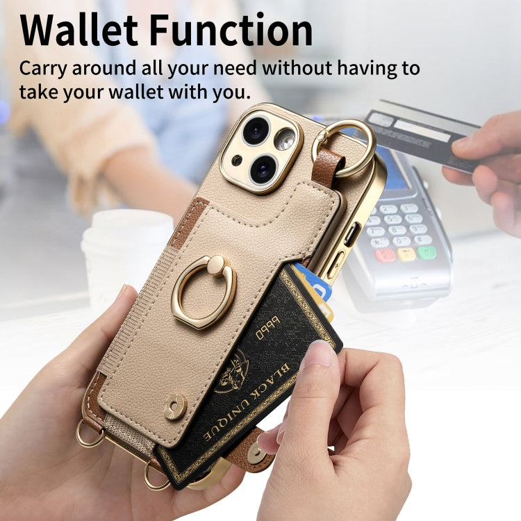 For iPhone 14 Plus Fashion Ring Card Bag Phone Case with Hang Loop(Khaki) - iPhone 14 Plus Cases by buy2fix | Online Shopping UK | buy2fix