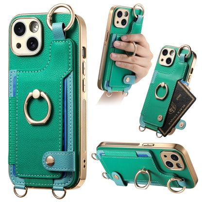 For iPhone 14 Plus Fashion Ring Card Bag Phone Case with Hang Loop(Green) - iPhone 14 Plus Cases by buy2fix | Online Shopping UK | buy2fix