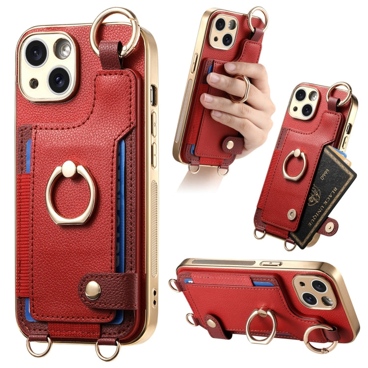 For iPhone 14 Plus Fashion Ring Card Bag Phone Case with Hang Loop(Red) - iPhone 14 Plus Cases by buy2fix | Online Shopping UK | buy2fix