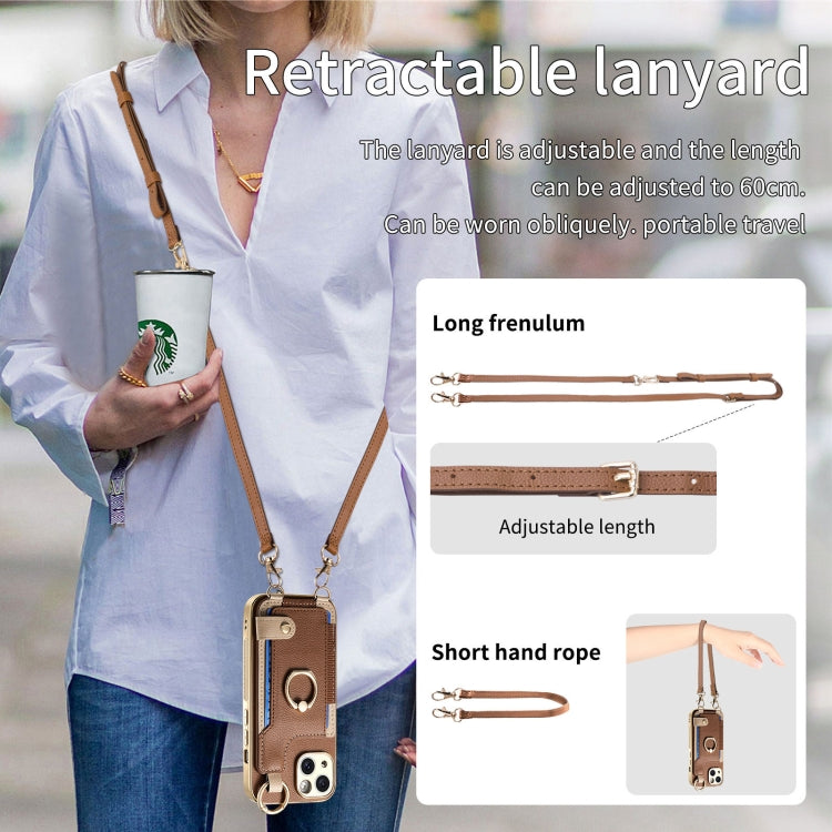 For iPhone 14 Fashion Ring Card Bag Phone Case with Hang Loop(Brown) - iPhone 14 Cases by buy2fix | Online Shopping UK | buy2fix